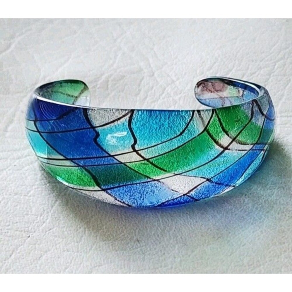 Vintage Murano Style Art Glass Patterned Cuff Bracelet 6.5"